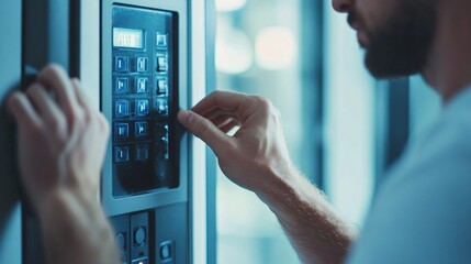 Man in white shirt pressing buttons on console