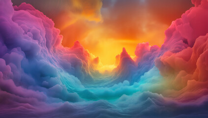 Fototapeta premium vibrant fantasy landscape featuring colorful clouds in shades of pink, purple, and blue, illuminated by warm sunset glow. scene evokes sense of wonder and tranquility