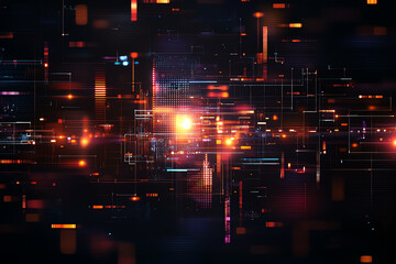 Abstract background with glitch effect and neon colors, featuring bright lights and digital patterns. This vibrant design evokes sense of technology and innovation