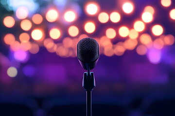 microphone with bokeh light background stand up comedy show karaoke or singing contest background for poster design open mic and jokes show