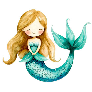 Adorable watercolor illustration of a smiling mermaid with flowing blonde hair and a turquoise tail, designed in a soft, whimsical style