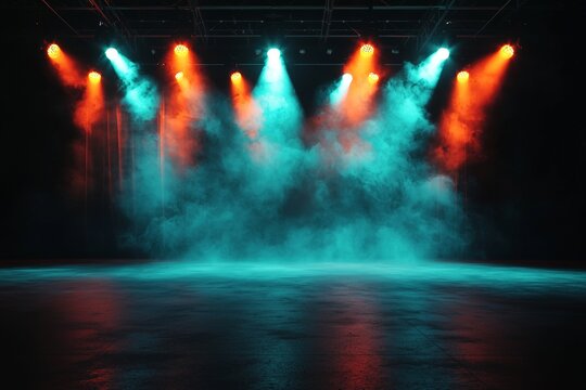 The colorful spotlights illuminate the stage at the concert, set against a dark background with a copy space theme