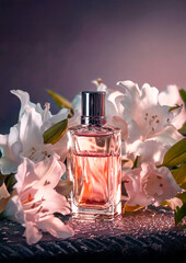 A luxurious glass perfume bottle surrounded by flowers