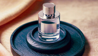 Minimalist cylindrical perfume bottle on a blue wooden plate, simple and luxurious.