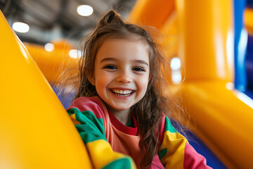 joyful girl in colorful pajamas smiles brightly while sliding down vibrant inflatable slide, capturing essence of fun and playfulness in lively indoor setting