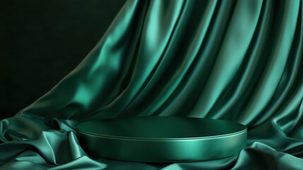 Obraz premium A Podium with a Metallic green Finish, Luxurious Setting with Satin Fabric Draped in the Background and Soft Warm Lighting, Jewelry or Fashion Accessories copy space