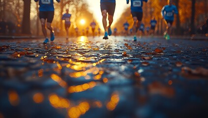 Energetic Runners Competing on Cobblestone Path with Autumn Leaves