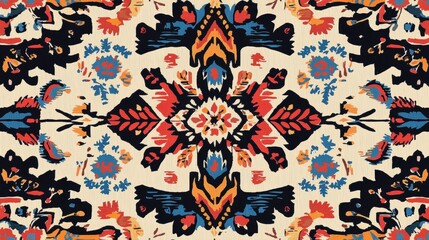 Obraz premium Seamless pattern with a repeating design. the background is a light beige color and the pattern is made up of various shapes and colors, including red, blue, orange, and black.