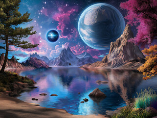 stunning alien planet landscape featuring vibrant colors, majestic mountains, and serene lake reflecting two large planets in sky. scene is filled with lush trees and mystical atmosphere