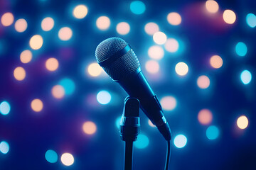 microphone with bokeh light background stand up comedy show karaoke or singing contest background for poster design open mic and jokes show