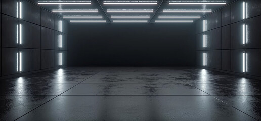 dark, empty underground parking lot with square lights illuminating space, creating modern and industrial atmosphere