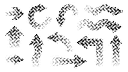 Collection of black halftone patterned arrows pointing in various directions on a white background.