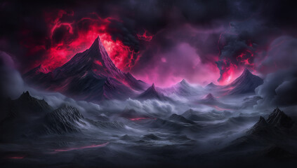 stunning fantasy landscape featuring red mountains illuminated by glowing embers, surrounded by dark clouds and dramatic sky. scene evokes sense of mystery and awe