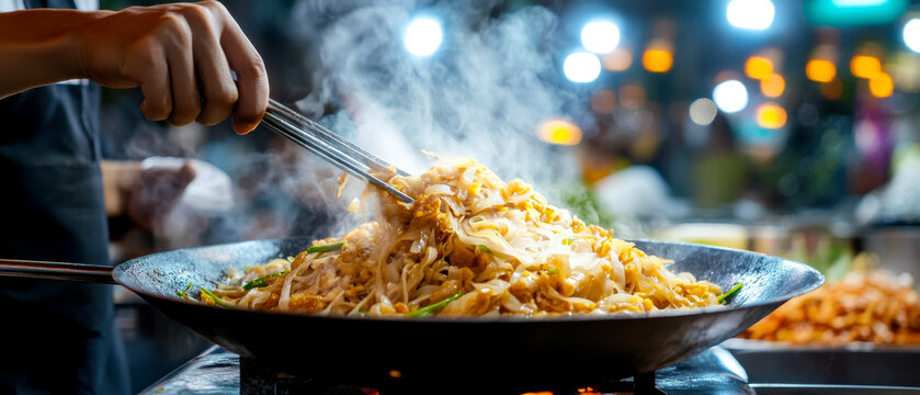 A hand holds chopsticks, stirring steaming noodles in a large pan under bright lights at a bustling street food market.