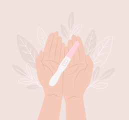 Female hands holding a positive pregnancy test in open palms, top view. Flat vector illustration