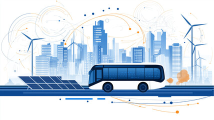modern bus travels along road lined with solar panels and wind turbines, set against vibrant city skyline. This captures essence of sustainable urban transport