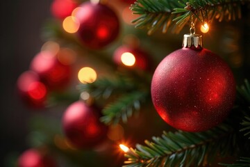 Sparkling red ornament glows softly in Christmas tree light, festive highlights, gift with lights
