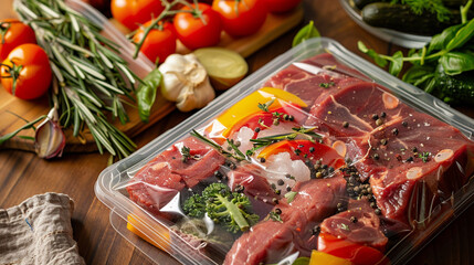 Fototapeta premium raw fresh meat, beef, beef and vegetables for cooking on a black background. top view.