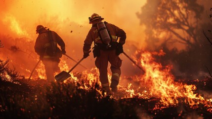 Firefighters create firebreak using shovels to combat advancing wildfire in dry landscape
