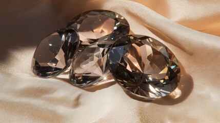 Three large, faceted diamonds on a beige fabric background. the diamonds are arranged in a triangular formation, with the largest diamond in the center and two smaller diamonds on either side.