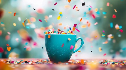 Vibrant confetti around cup for celebration