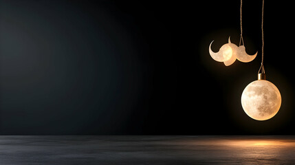 Moon-shaped lamps illuminate a dark room;  minimalist design, perfect for websites, blogs, or advertisements