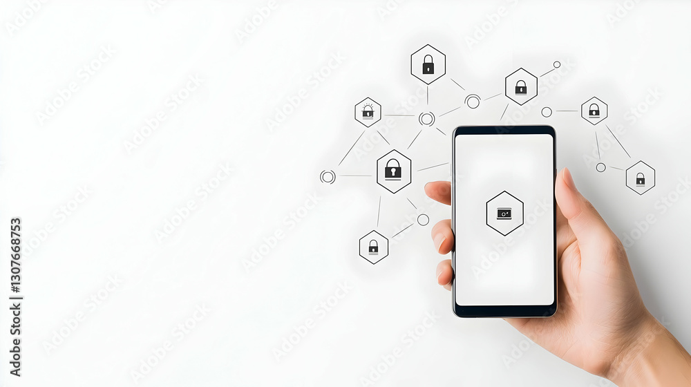 Poster smartphone displaying security features with lock icons connected