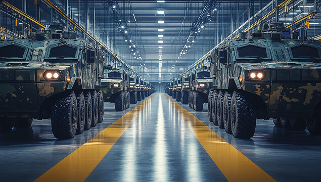 Row of military armored vehicles lined up in a factory setting with industrial lighting and polished floors.