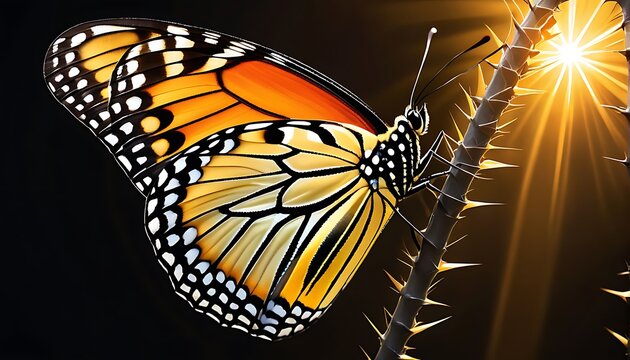 Monarch butterfly perched on thorny branch with striking light effect - Powered by Adobe