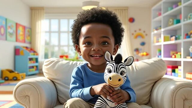 Little happy African American boy with soft toy zebra in children's room
