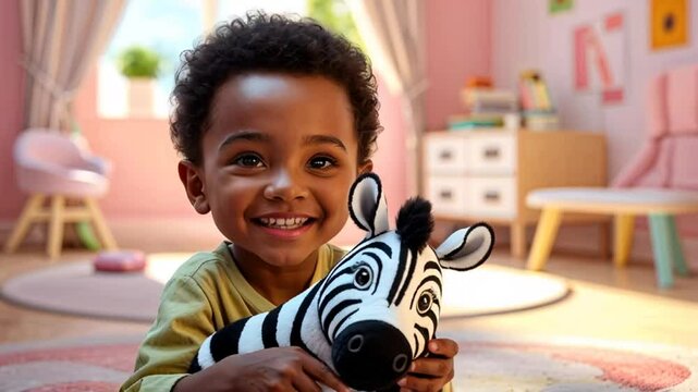 Little happy African American boy with soft toy zebra in children's room
