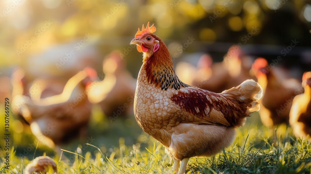 Aufkleber chickens foraging in sunlight at a rural farm during the late afternoon hours generative ai