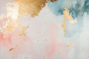Professional photo of a light pastel watercolor wash with subtle gold leaf accents, creating an artistic and sophisticated wedding backdrop