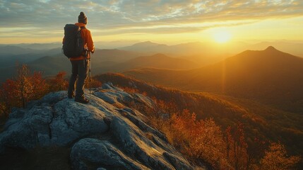 Obraz premium Adventurous Trekker on Rocky Peak Basking in Golden Sunrise Above Rolling Hills Scenic Beauty