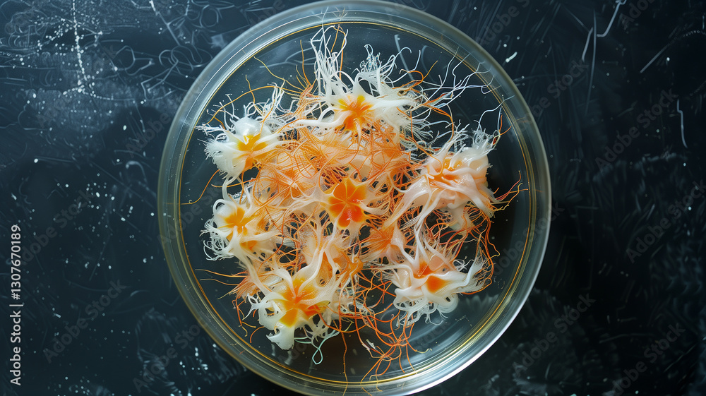 Poster This Cultured stem cells display vibrant growth patterns in a laboratory dish under observation.