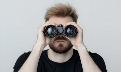 Man with Binoculars Observing Surroundings in Minimalist Setting