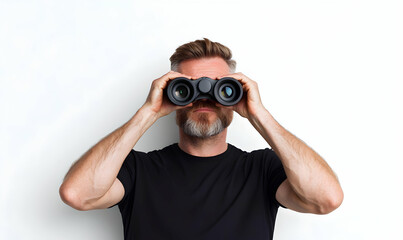 Man Looking Through Binoculars with an Intense Focus on Adventure