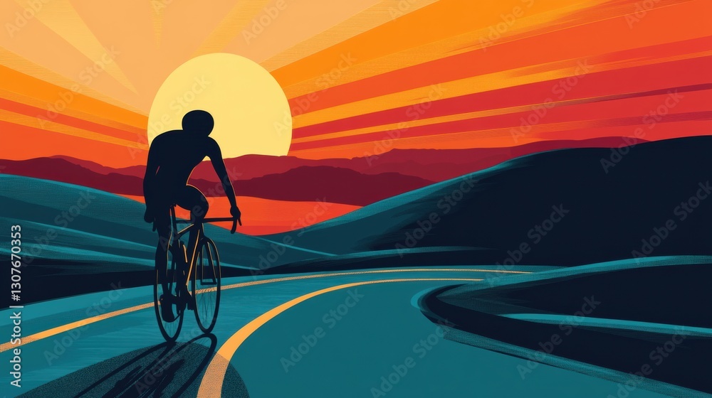 Poster cyclist riding towards glowing sunset on rolling hills in a serene landscape generative ai