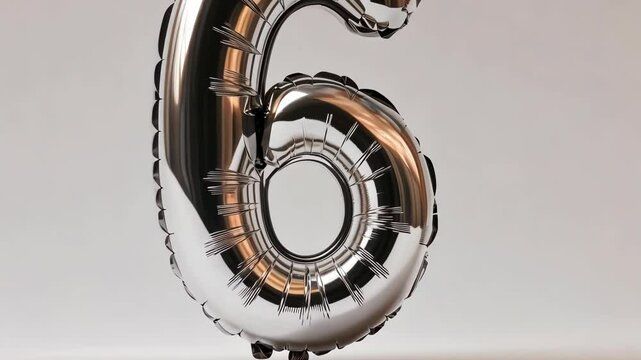 Shiny silver balloon number six stands upright against a plain background for party decorations