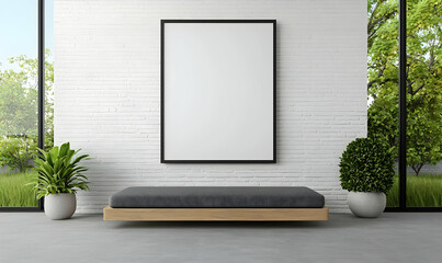 Fototapeta premium Modern Minimalist Interior with Blank Frame and Cozy Plants