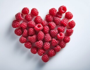 Fotografía profesional, un corazon realizado de frambuesas rojas, fondo blanco, realista, 4k