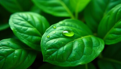Obraz premium Close-up of fresh spinach leaves covered in droplets of water, vegetarian, fresh