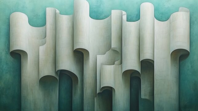 Abstract Teal Green Painting Softly Curving Forms. AI Generated