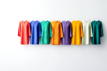 A vibrant display of colorful garments arranged neatly on a wall, showcasing a variety of styles and fabrics in red, blue, green, orange, yellow, and purple.