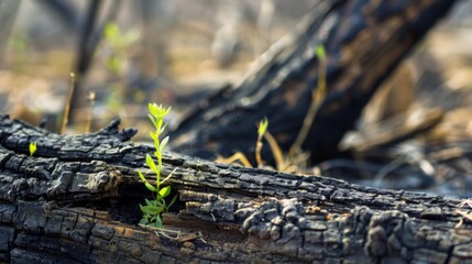 Fototapeta premium Green shoots emerge beside a charred log, symbolizing nature's resilience after fire