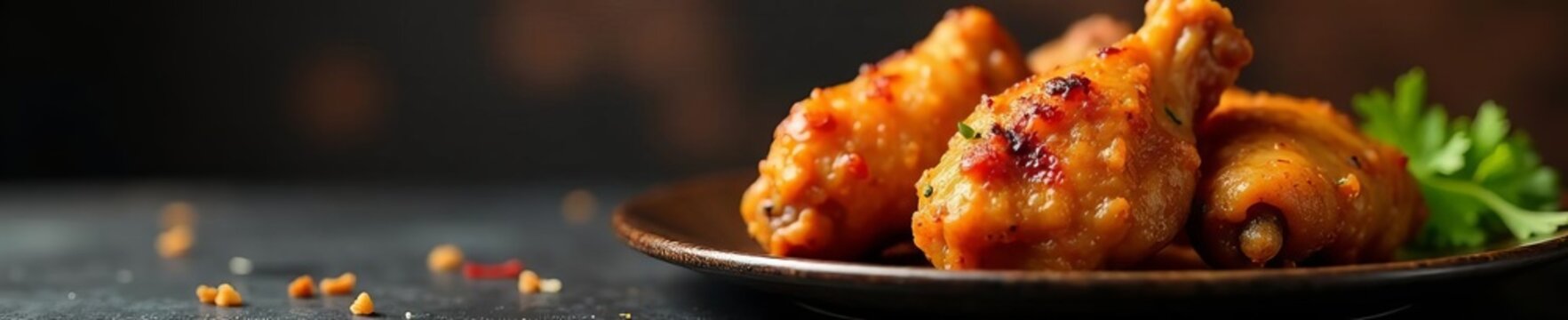 Close-up of golden brown barbequed chicken wings on a see-through backdrop, snack, poultry