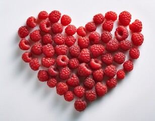 Fotografía profesional, un corazon realizado de frambuesas rojas, fondo blanco, realista, 4k
