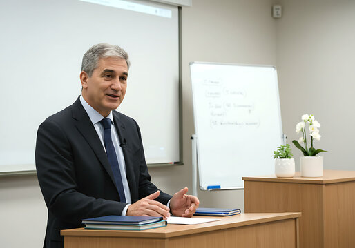 Un profesor de mediana edad en clase.