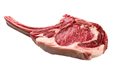 Obraz premium Fresh raw tomahawk steak with bone isolated on transparent background