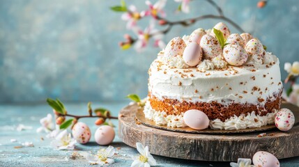 Delightful easter cake adorned with pastel eggs and spring blossoms on rustic wooden stand